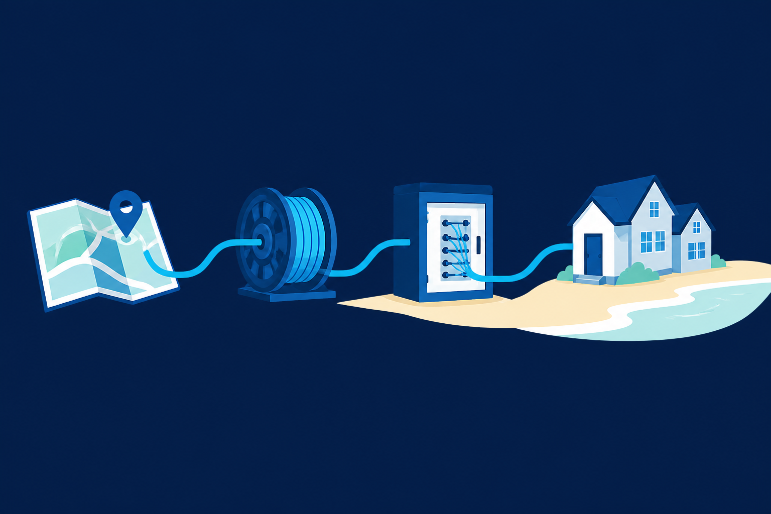 Simple illustration showing a fiber project moving from planning to a connected coastal home